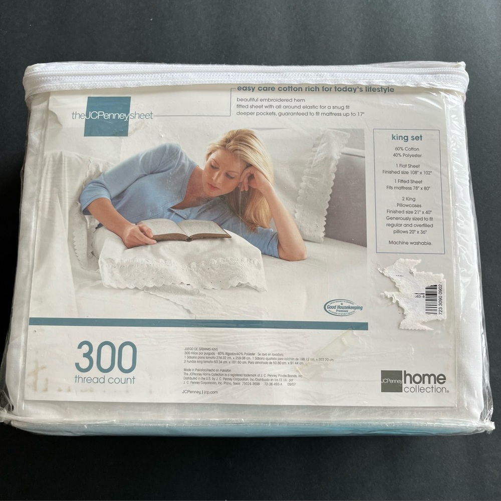The JCPenney Sheet Set King White Embroidered Lace Hem Cotton Blend 4 Piece Set
